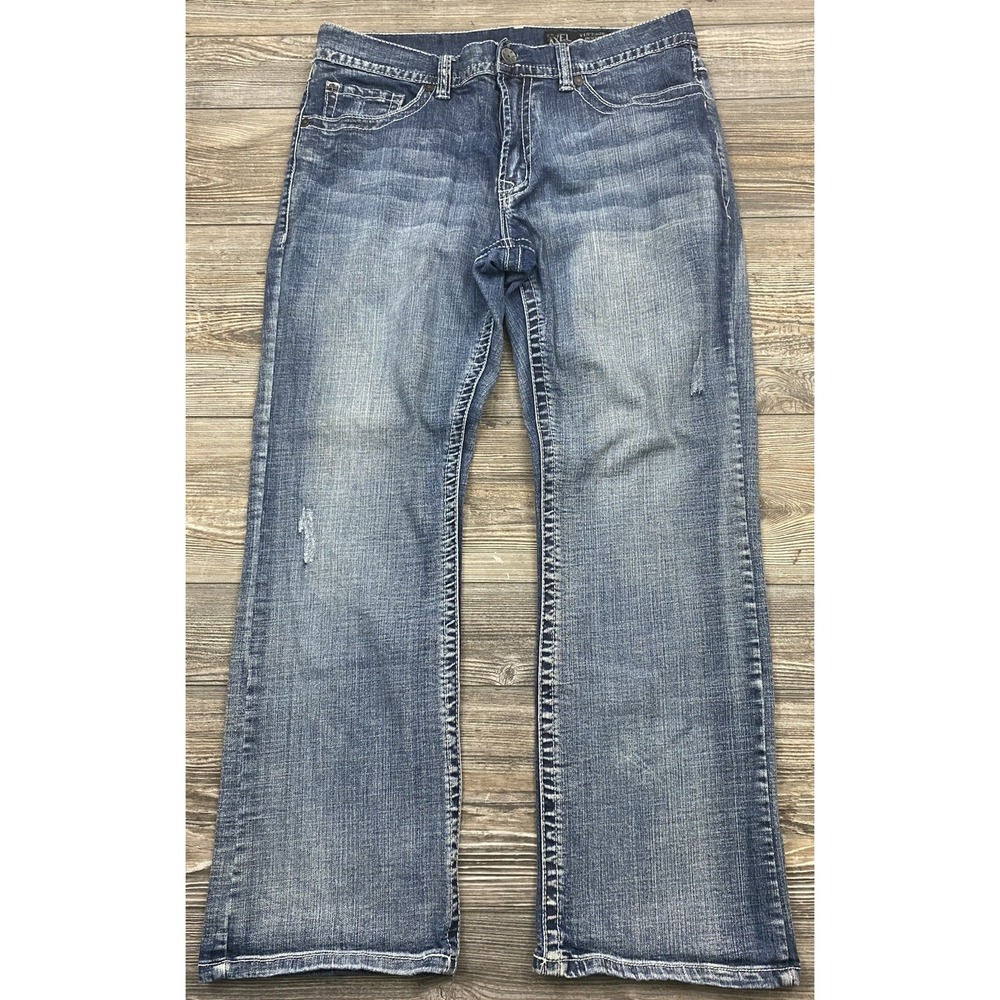 T.K. Axel Blue Jeans "Weston" Vintage Boot Light Distressed Flap Pocket 35/30.5"
